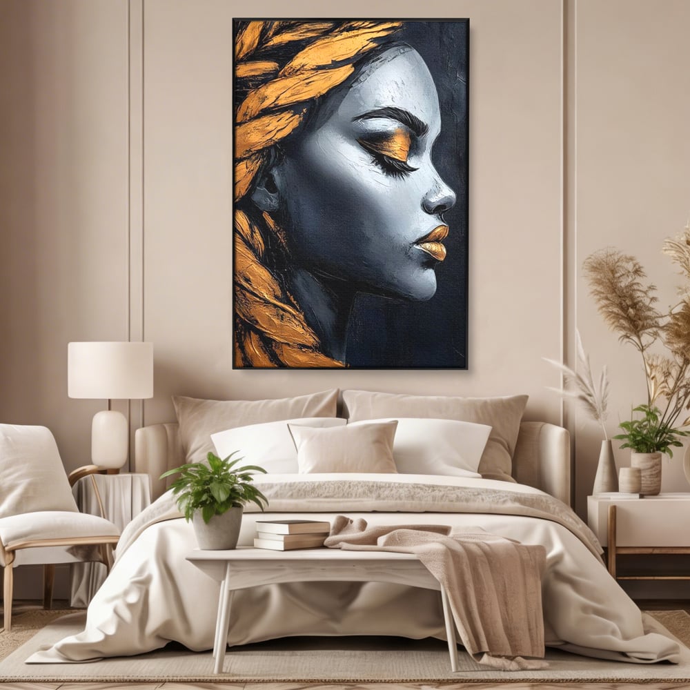 Tablou Canvas Premium, LuxCanva® G1146, Femeia cu Profil de Aur, Arta, Moderna, Pictura, Contemporan, Auriu, Modern, Alb, Negru, Eleganta, Impletitura, Birou, Living