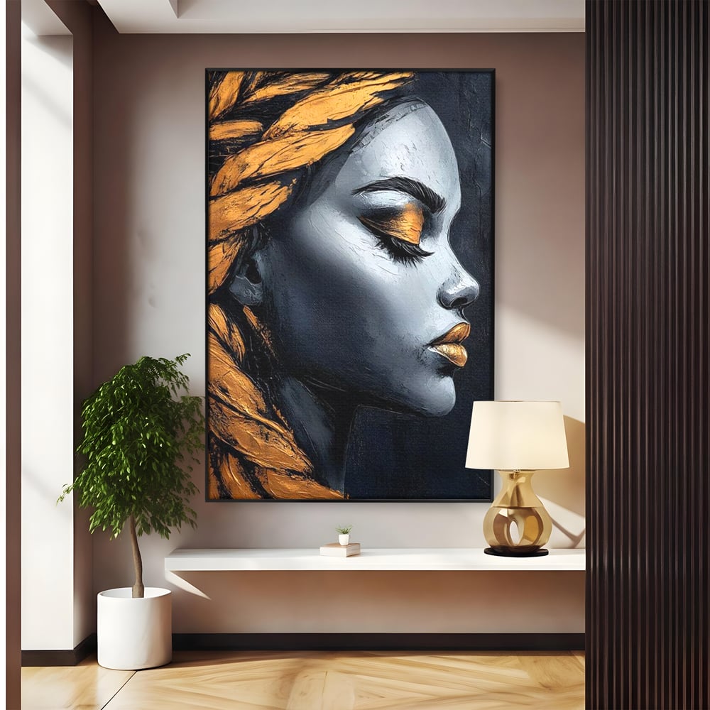 Tablou Canvas Premium, LuxCanva® G1146, Femeia cu Profil de Aur, Arta, Moderna, Pictura, Contemporan, Auriu, Modern, Alb, Negru, Eleganta, Impletitura, Birou, Living
