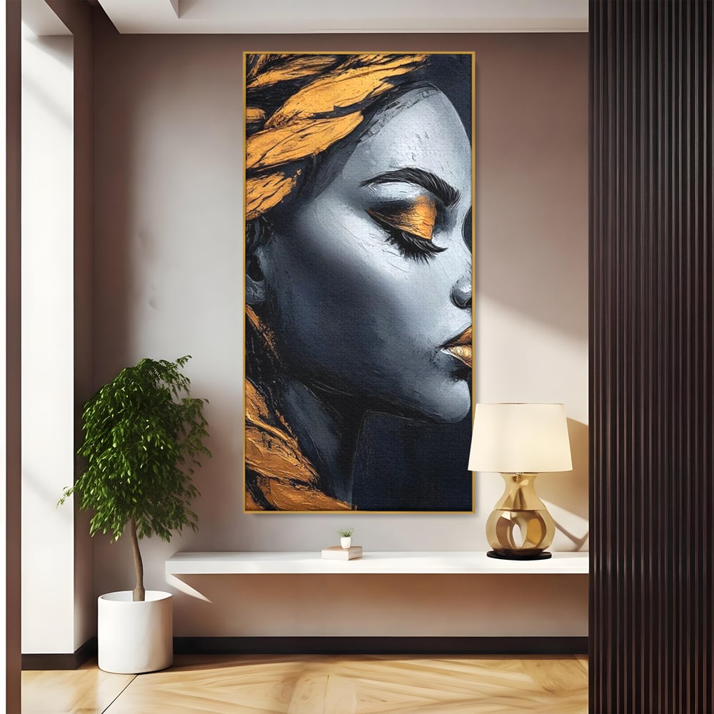 Tablou Canvas Premium, LuxCanva® G1146, Femeia cu Profil de Aur, Arta, Moderna, Pictura, Contemporan, Auriu, Modern, Alb, Negru, Eleganta, Impletitura, Birou, Living