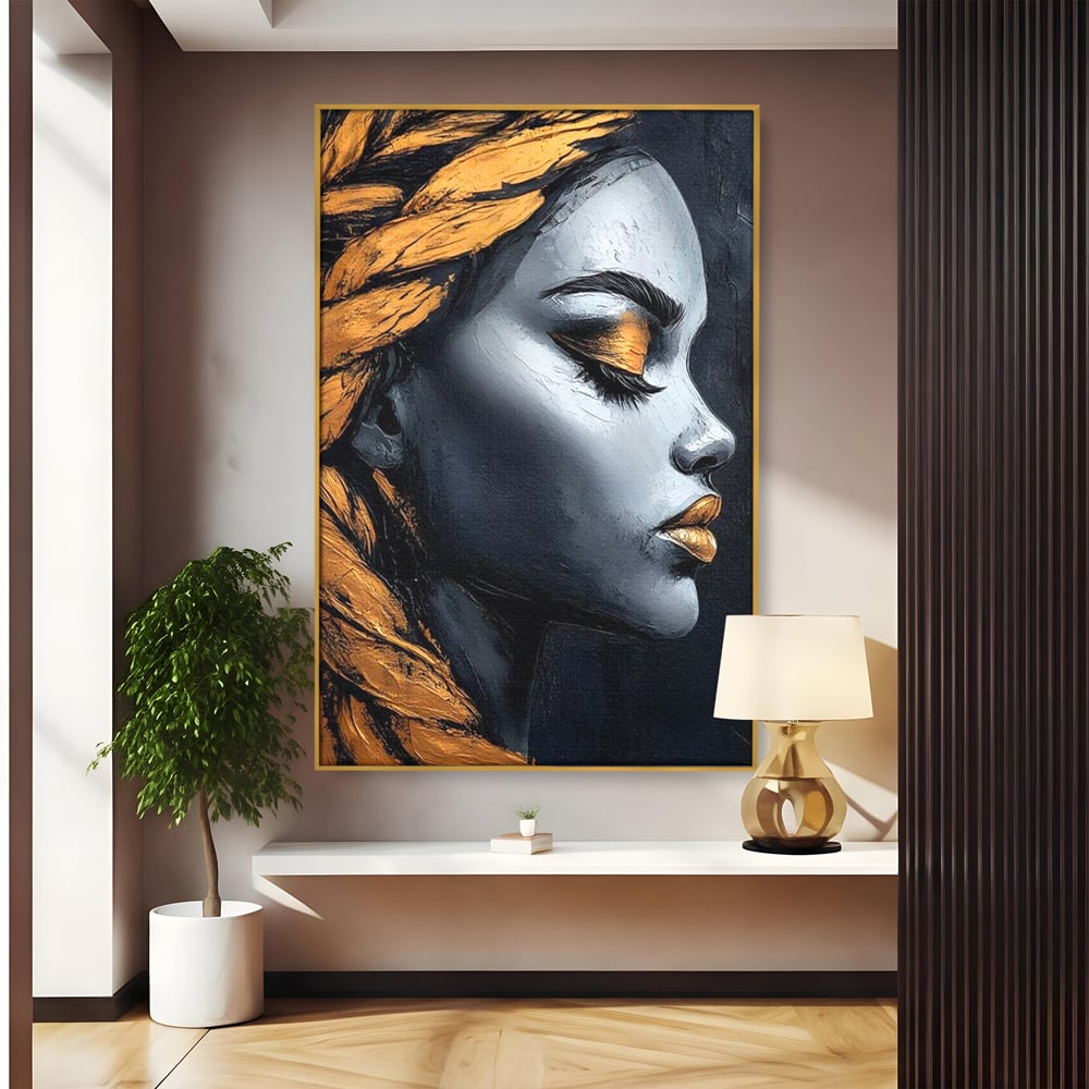 Tablou Canvas Premium, LuxCanva® G1146, Femeia cu Profil de Aur, Arta, Moderna, Pictura, Contemporan, Auriu, Modern, Alb, Negru, Eleganta, Impletitura, Birou, Living