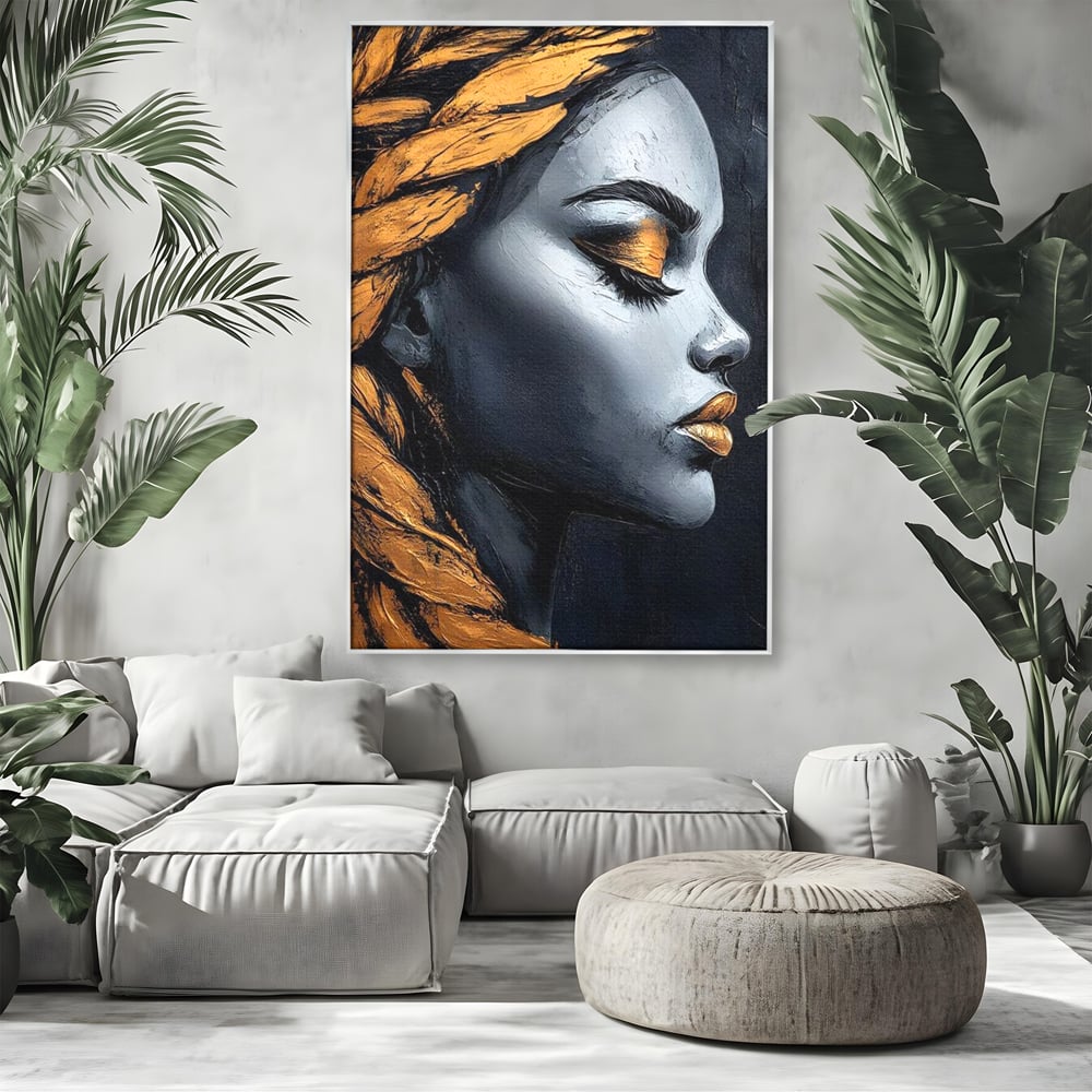 Tablou Canvas Premium, LuxCanva® G1146, Femeia cu Profil de Aur, Arta, Moderna, Pictura, Contemporan, Auriu, Modern, Alb, Negru, Eleganta, Impletitura, Birou, Living