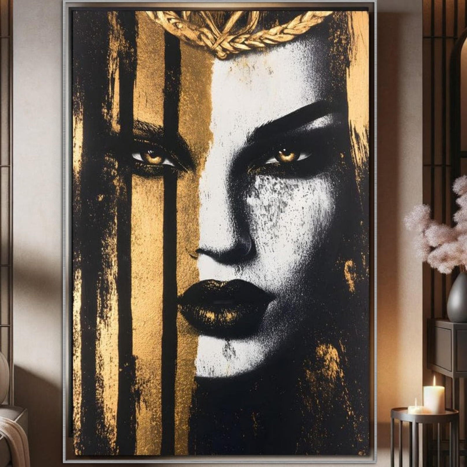 Leinwand Premium Canvas Wall Art, LuxCanva® G1147, Stärke eines Blicks, Blick, intensiv, strukturiert, Kunst, Geheimnis, Mode, Luxus, Luxus, Drama, Drama, Schönheit, Glamour, metallisch, Büro, Wohnen