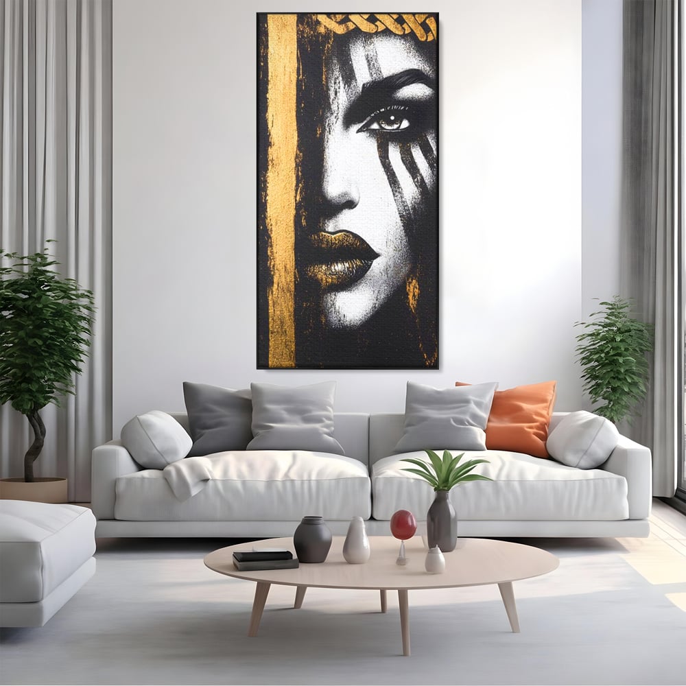 Tablou Canvas Premium, LuxCanva® G1148, Femeia din Umbre, Mister, Regina, Imperial, Coroana, Razboinica, Misticism, Expresivitate, Buze, Chip, Putere, Birou, Living, Dormitor