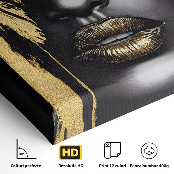 Tablou Canvas Premium, LuxCanva® G1150, Lacrima Unei Zeite, Auriu, Tacere, Liniste, Inger, Pana, Noapte, Intuneric, Frumusete, Regina, Buze, Sarut, Salon, Birou, Living, Dormitor