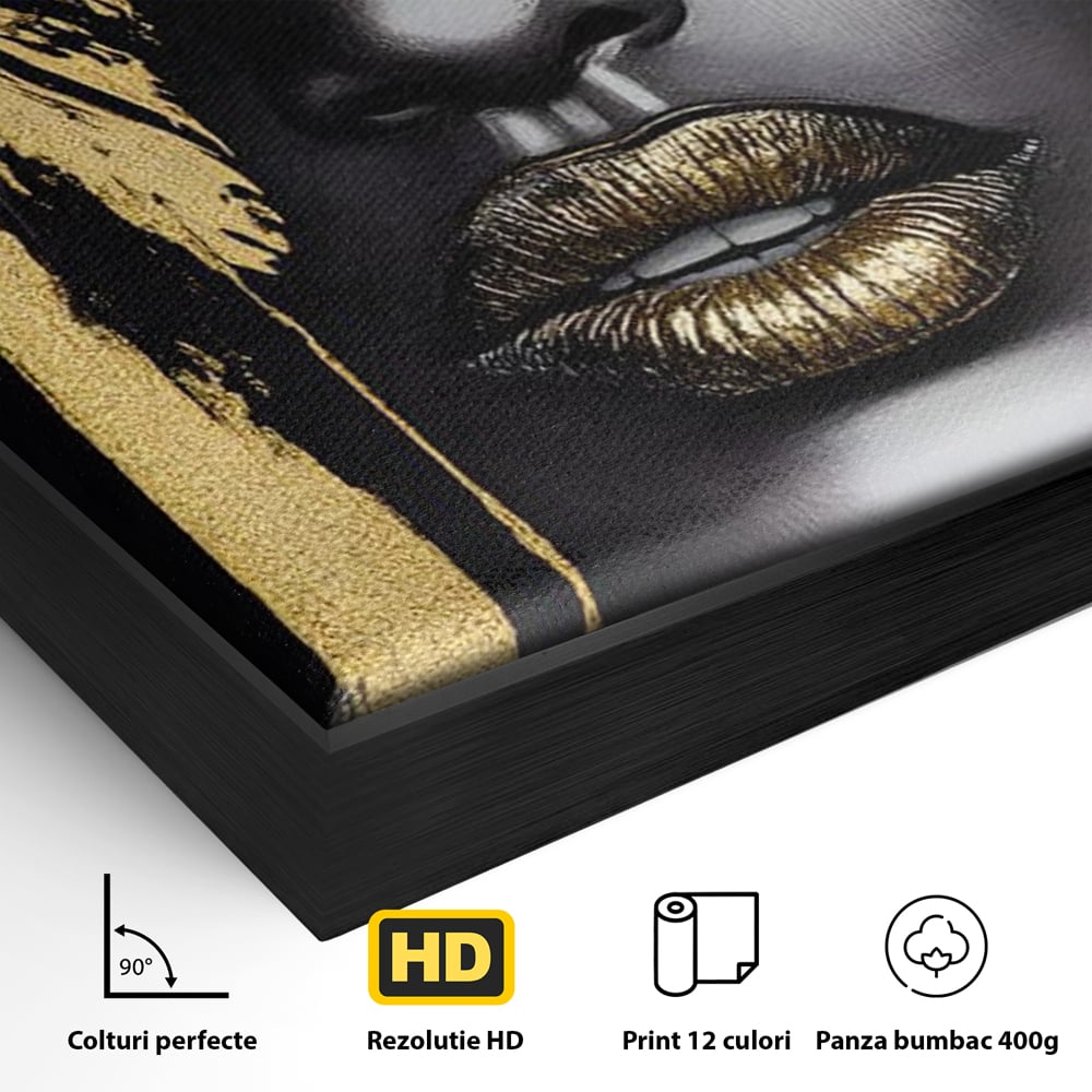 Tablou Canvas Premium, LuxCanva® G1150, Lacrima Unei Zeite, Auriu, Tacere, Liniste, Inger, Pana, Noapte, Intuneric, Frumusete, Regina, Buze, Sarut, Salon, Birou, Living, Dormitor