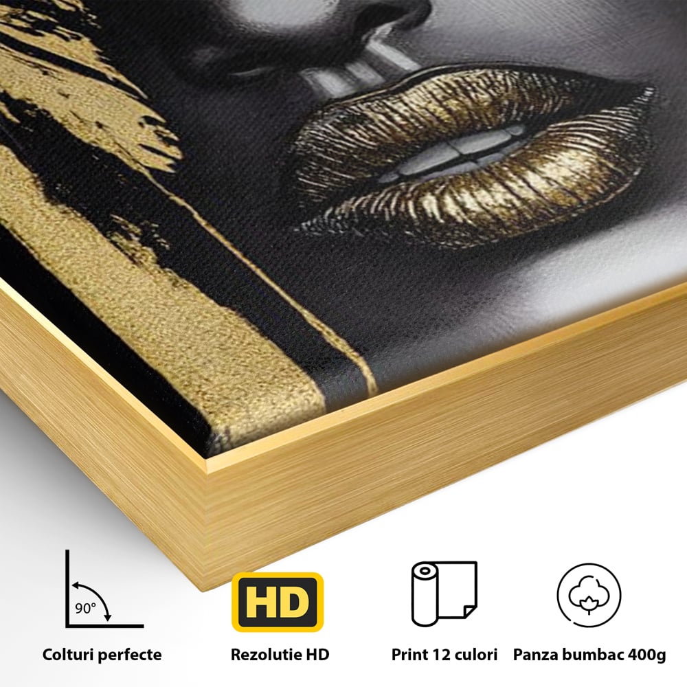 Tablou Canvas Premium, LuxCanva® G1150, Lacrima Unei Zeite, Auriu, Tacere, Liniste, Inger, Pana, Noapte, Intuneric, Frumusete, Regina, Buze, Sarut, Salon, Birou, Living, Dormitor