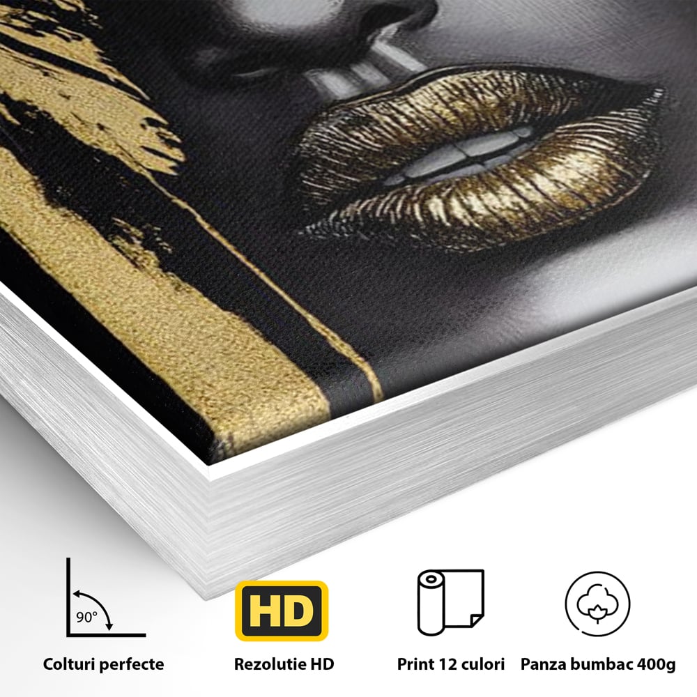 Tablou Canvas Premium, LuxCanva® G1150, Lacrima Unei Zeite, Auriu, Tacere, Liniste, Inger, Pana, Noapte, Intuneric, Frumusete, Regina, Buze, Sarut, Salon, Birou, Living, Dormitor