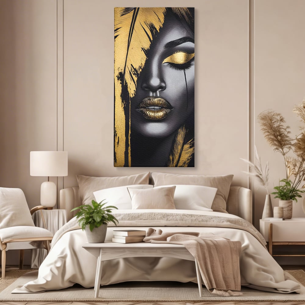Tablou Canvas Premium, LuxCanva® G1150, Lacrima Unei Zeite, Auriu, Tacere, Liniste, Inger, Pana, Noapte, Intuneric, Frumusete, Regina, Buze, Sarut, Salon, Birou, Living, Dormitor