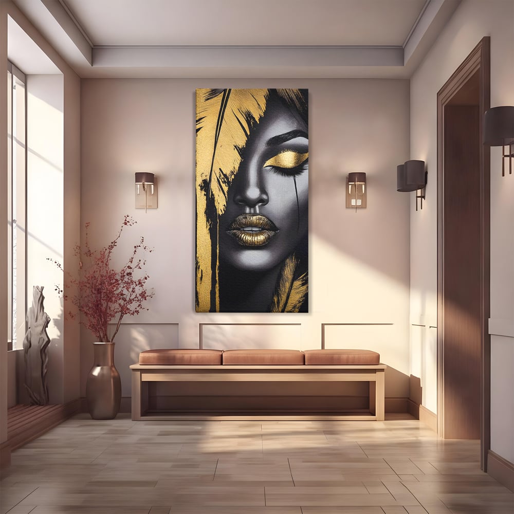 Tablou Canvas Premium, LuxCanva® G1150, Lacrima Unei Zeite, Auriu, Tacere, Liniste, Inger, Pana, Noapte, Intuneric, Frumusete, Regina, Buze, Sarut, Salon, Birou, Living, Dormitor