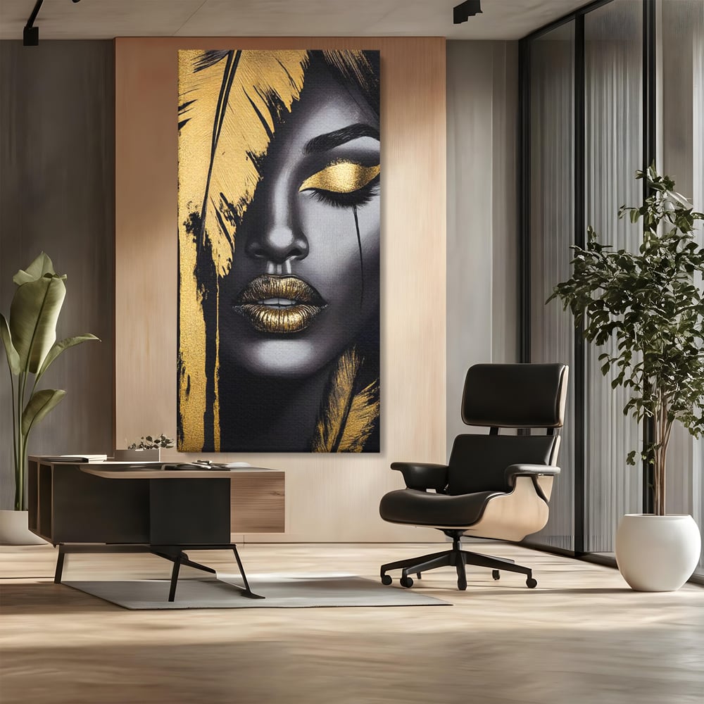 Tablou Canvas Premium, LuxCanva® G1150, Lacrima Unei Zeite, Auriu, Tacere, Liniste, Inger, Pana, Noapte, Intuneric, Frumusete, Regina, Buze, Sarut, Salon, Birou, Living, Dormitor