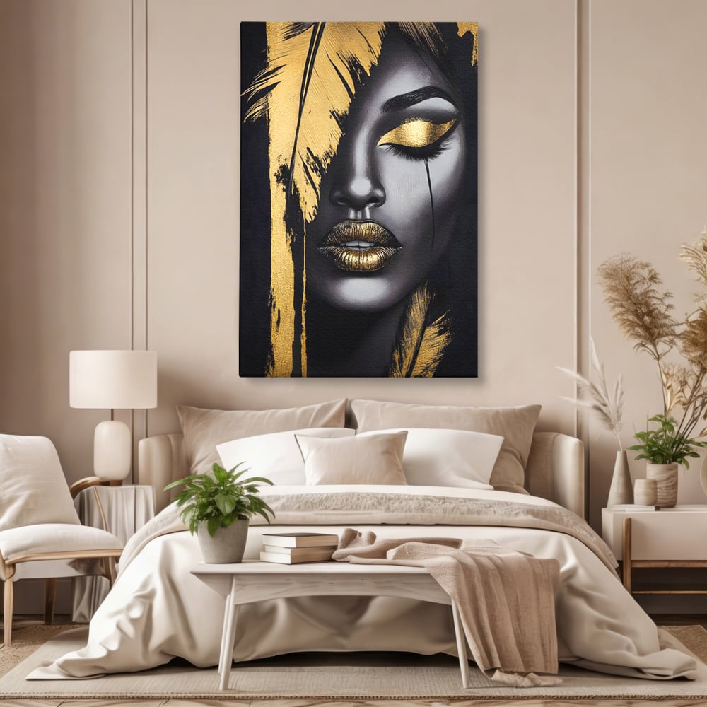 Tablou Canvas Premium, LuxCanva® G1150, Lacrima Unei Zeite, Auriu, Tacere, Liniste, Inger, Pana, Noapte, Intuneric, Frumusete, Regina, Buze, Sarut, Salon, Birou, Living, Dormitor