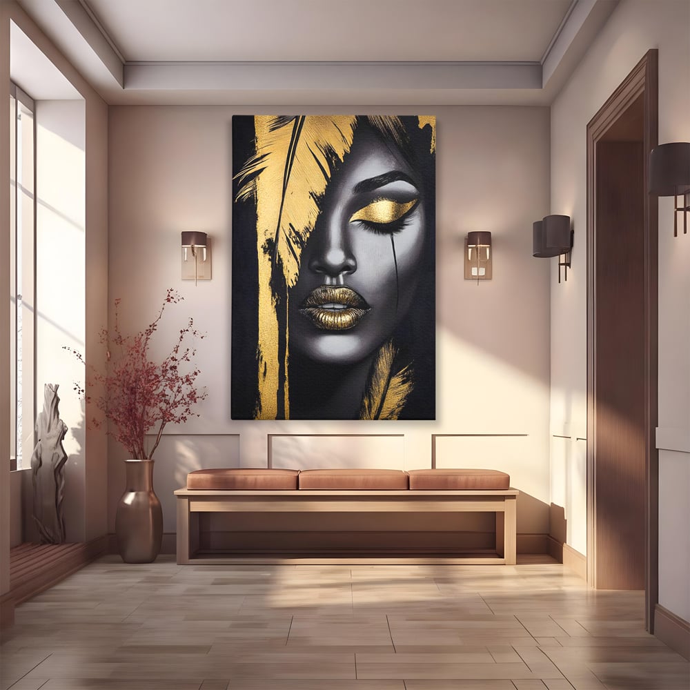 Tablou Canvas Premium, LuxCanva® G1150, Lacrima Unei Zeite, Auriu, Tacere, Liniste, Inger, Pana, Noapte, Intuneric, Frumusete, Regina, Buze, Sarut, Salon, Birou, Living, Dormitor