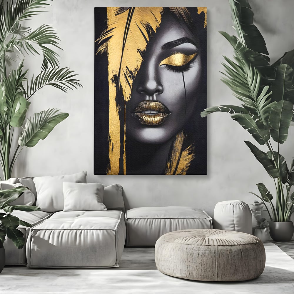Tablou Canvas Premium, LuxCanva® G1150, Lacrima Unei Zeite, Auriu, Tacere, Liniste, Inger, Pana, Noapte, Intuneric, Frumusete, Regina, Buze, Sarut, Salon, Birou, Living, Dormitor
