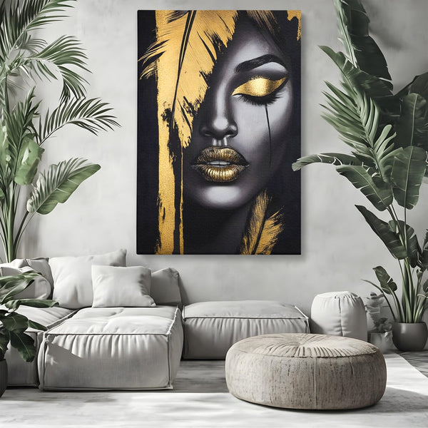 Tablou Canvas Premium, LuxCanva® G1150, Lacrima Unei Zeite, Auriu, Tacere, Liniste, Inger, Pana, Noapte, Intuneric, Frumusete, Regina, Buze, Sarut, Salon, Birou, Living, Dormitor