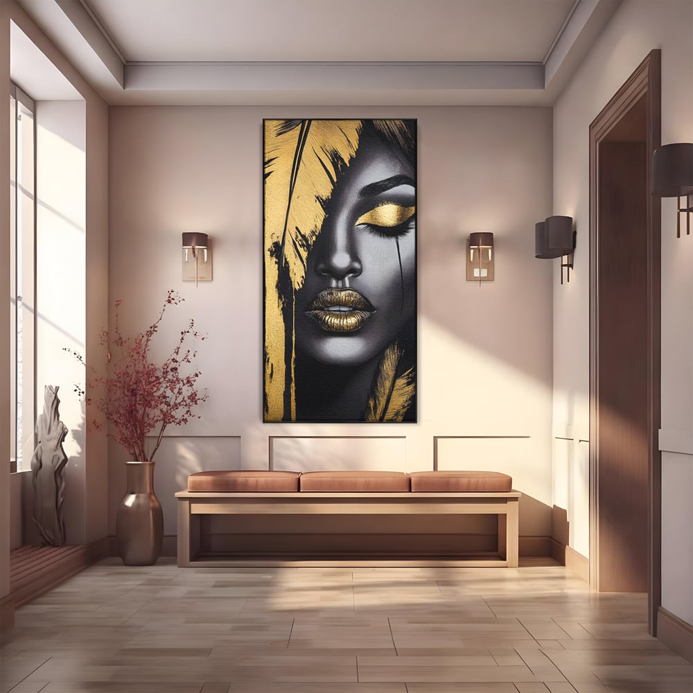 Tablou Canvas Premium, LuxCanva® G1150, Lacrima Unei Zeite, Auriu, Tacere, Liniste, Inger, Pana, Noapte, Intuneric, Frumusete, Regina, Buze, Sarut, Salon, Birou, Living, Dormitor