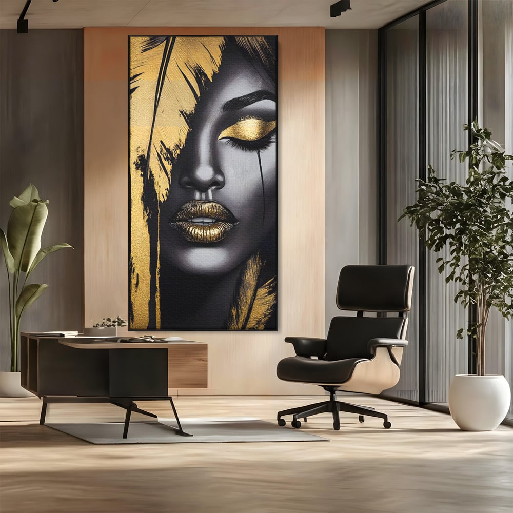 Tablou Canvas Premium, LuxCanva® G1150, Lacrima Unei Zeite, Auriu, Tacere, Liniste, Inger, Pana, Noapte, Intuneric, Frumusete, Regina, Buze, Sarut, Salon, Birou, Living, Dormitor