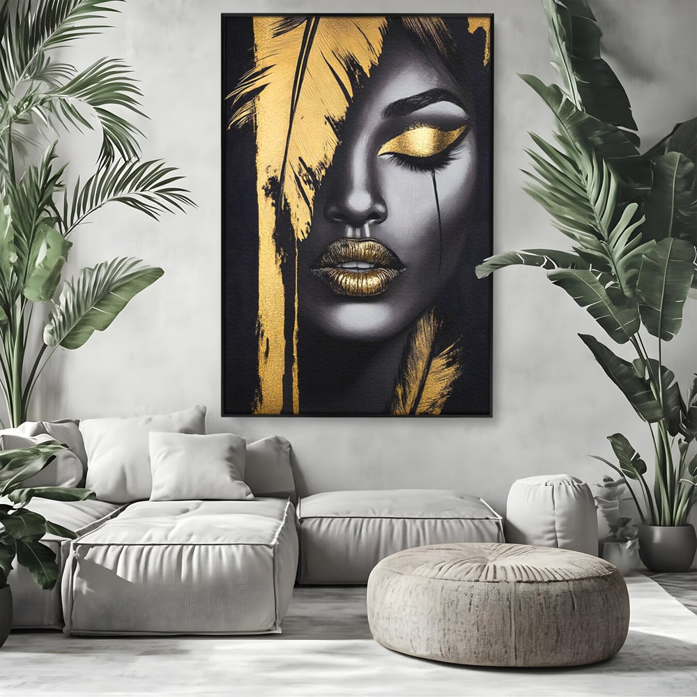 Tablou Canvas Premium, LuxCanva® G1150, Lacrima Unei Zeite, Auriu, Tacere, Liniste, Inger, Pana, Noapte, Intuneric, Frumusete, Regina, Buze, Sarut, Salon, Birou, Living, Dormitor