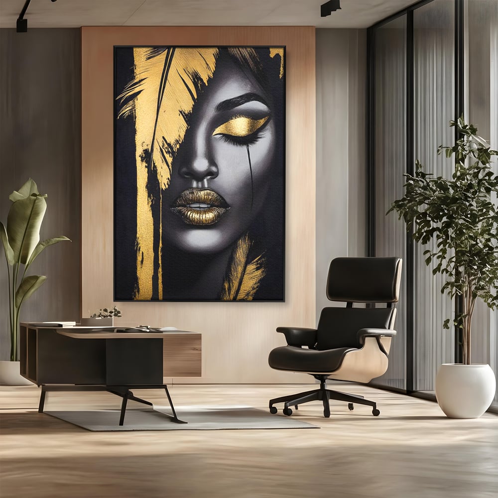 Tablou Canvas Premium, LuxCanva® G1150, Lacrima Unei Zeite, Auriu, Tacere, Liniste, Inger, Pana, Noapte, Intuneric, Frumusete, Regina, Buze, Sarut, Salon, Birou, Living, Dormitor