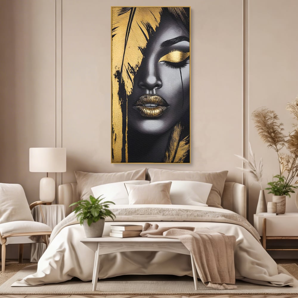 Tablou Canvas Premium, LuxCanva® G1150, Lacrima Unei Zeite, Auriu, Tacere, Liniste, Inger, Pana, Noapte, Intuneric, Frumusete, Regina, Buze, Sarut, Salon, Birou, Living, Dormitor