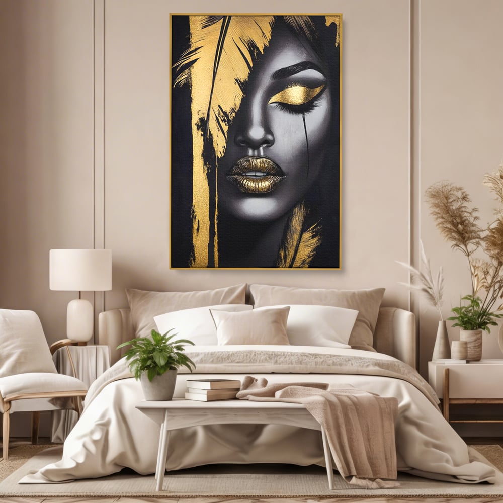 Tablou Canvas Premium, LuxCanva® G1150, Lacrima Unei Zeite, Auriu, Tacere, Liniste, Inger, Pana, Noapte, Intuneric, Frumusete, Regina, Buze, Sarut, Salon, Birou, Living, Dormitor
