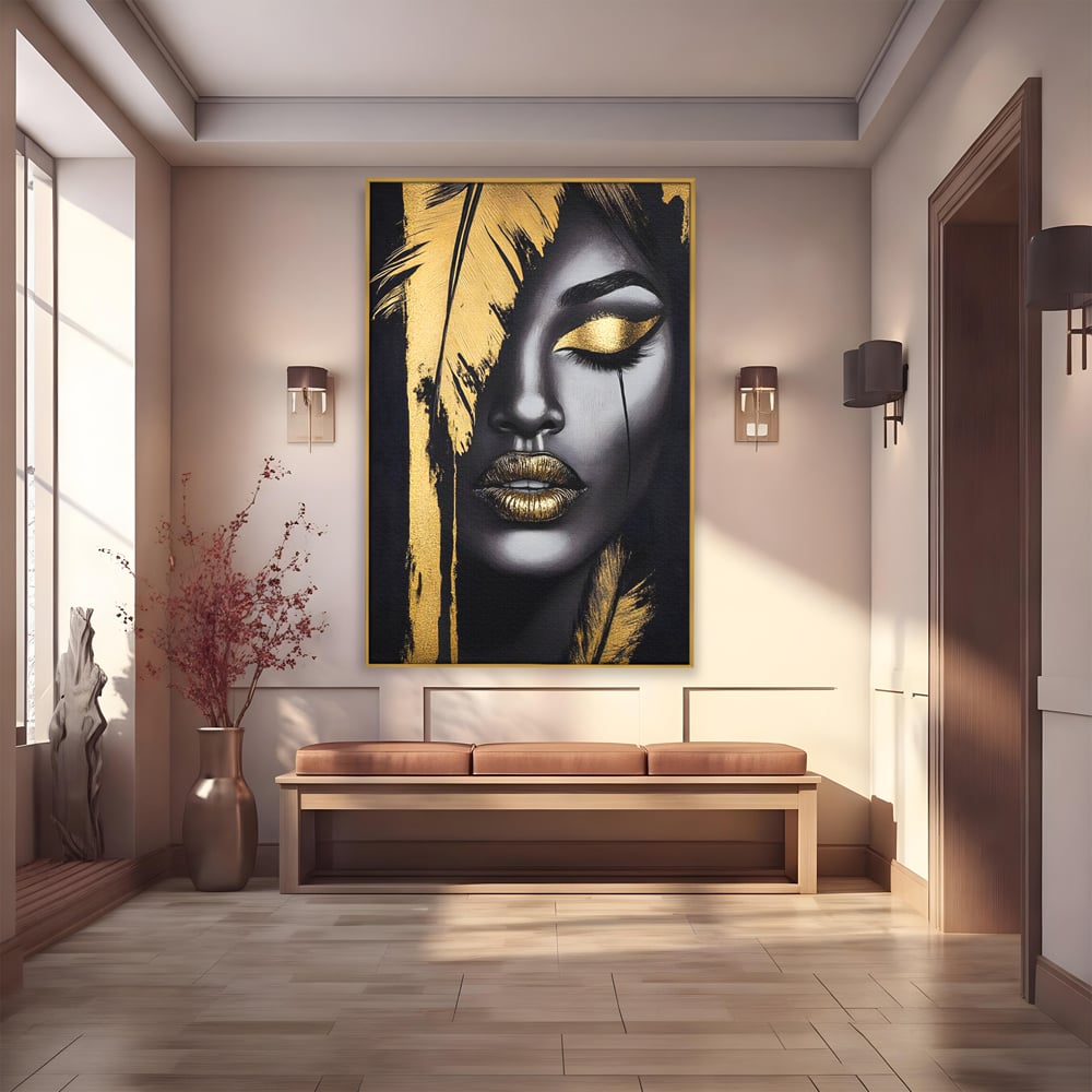 Tablou Canvas Premium, LuxCanva® G1150, Lacrima Unei Zeite, Auriu, Tacere, Liniste, Inger, Pana, Noapte, Intuneric, Frumusete, Regina, Buze, Sarut, Salon, Birou, Living, Dormitor
