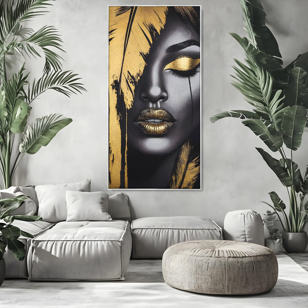 Tablou Canvas Premium, LuxCanva® G1150, Lacrima Unei Zeite, Auriu, Tacere, Liniste, Inger, Pana, Noapte, Intuneric, Frumusete, Regina, Buze, Sarut, Salon, Birou, Living, Dormitor