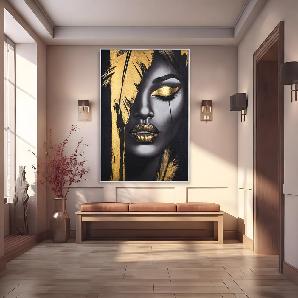 Tablou Canvas Premium, LuxCanva® G1150, Lacrima Unei Zeite, Auriu, Tacere, Liniste, Inger, Pana, Noapte, Intuneric, Frumusete, Regina, Buze, Sarut, Salon, Birou, Living, Dormitor