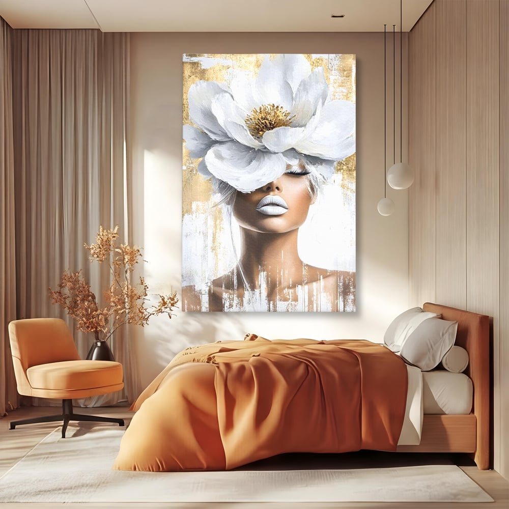 Leinwandbilder Premium, LuxCanva® G1151, Eternal White, Blumen, Magnolien, Weiß, Golden, Royal, Blütenblätter, Duft, Traum, Stille, Luxus, Glamour, Mode, Schönheit, Büro, Wohnen, Schlafzimmer