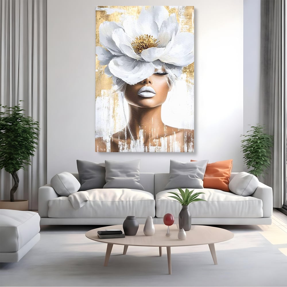Leinwandbilder Premium, LuxCanva® G1151, Eternal White, Blumen, Magnolien, Weiß, Golden, Royal, Blütenblätter, Duft, Traum, Stille, Luxus, Glamour, Mode, Schönheit, Büro, Wohnen, Schlafzimmer