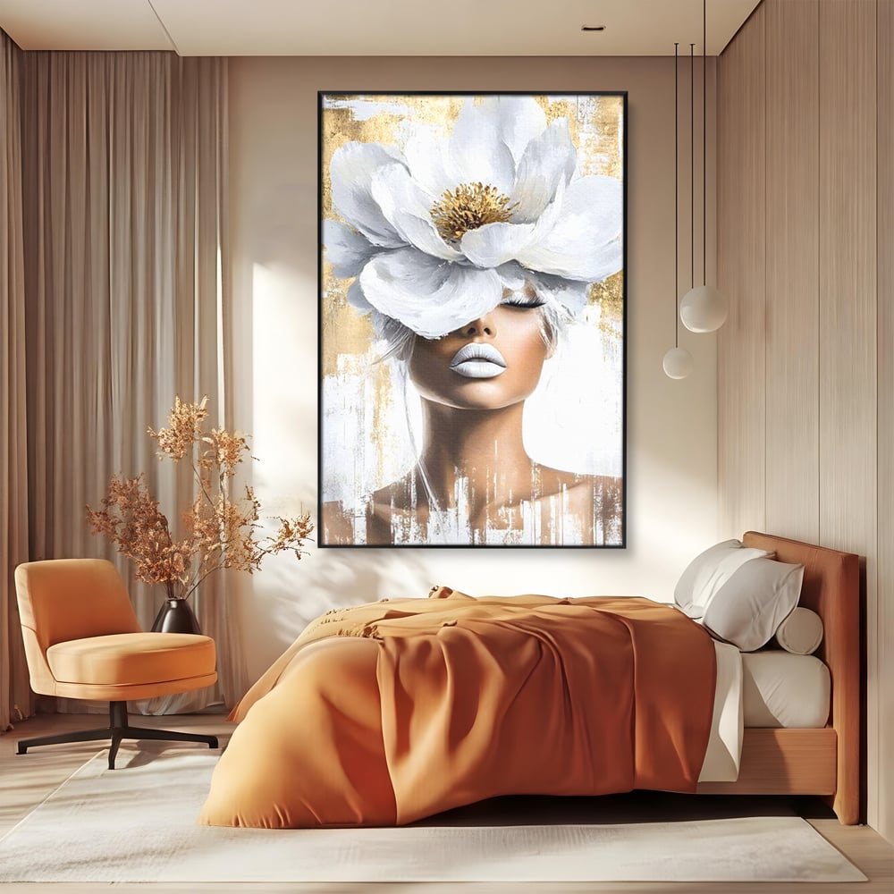 Leinwandbilder Premium, LuxCanva® G1151, Eternal White, Blumen, Magnolien, Weiß, Golden, Royal, Blütenblätter, Duft, Traum, Stille, Luxus, Glamour, Mode, Schönheit, Büro, Wohnen, Schlafzimmer