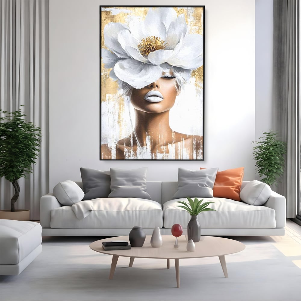 Leinwandbilder Premium, LuxCanva® G1151, Eternal White, Blumen, Magnolien, Weiß, Golden, Royal, Blütenblätter, Duft, Traum, Stille, Luxus, Glamour, Mode, Schönheit, Büro, Wohnen, Schlafzimmer
