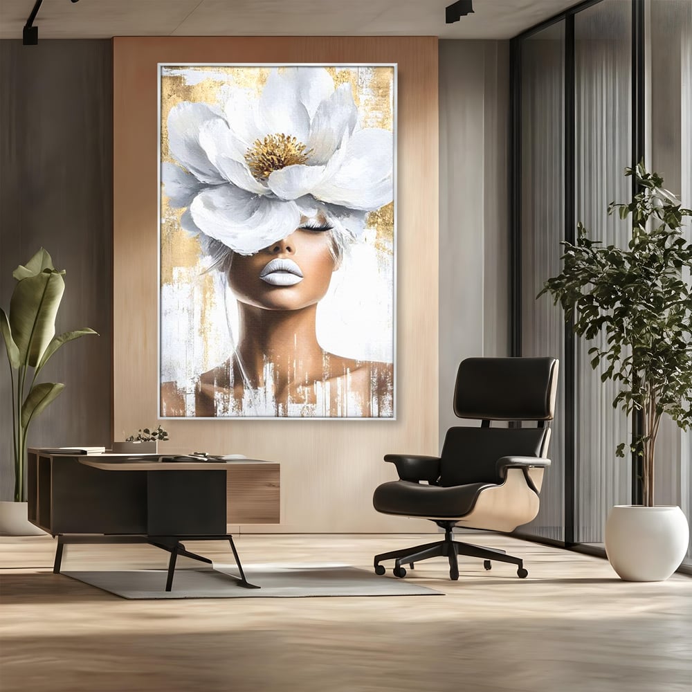 Leinwandbilder Premium, LuxCanva® G1151, Eternal White, Blumen, Magnolien, Weiß, Golden, Royal, Blütenblätter, Duft, Traum, Stille, Luxus, Glamour, Mode, Schönheit, Büro, Wohnen, Schlafzimmer