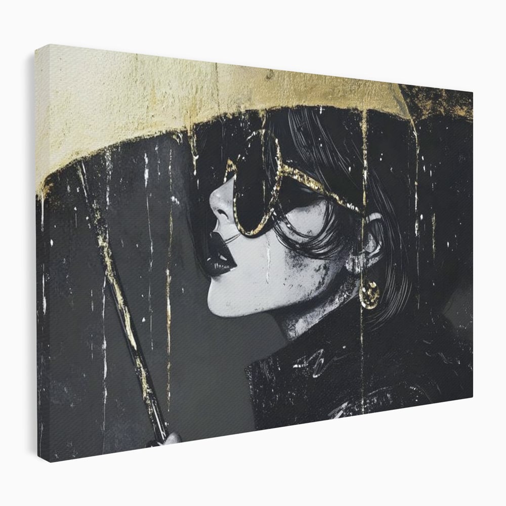 Tablou Canvas Premium, LuxCanva® G1153, Magia Ochelarilor Negrii, Nocturn, Portret, Umbrela, Aurie, Fashion, Diva, Eleganta, Lux, Enigmatica, Detectiv, Secret, Birou, Living, Dormitor