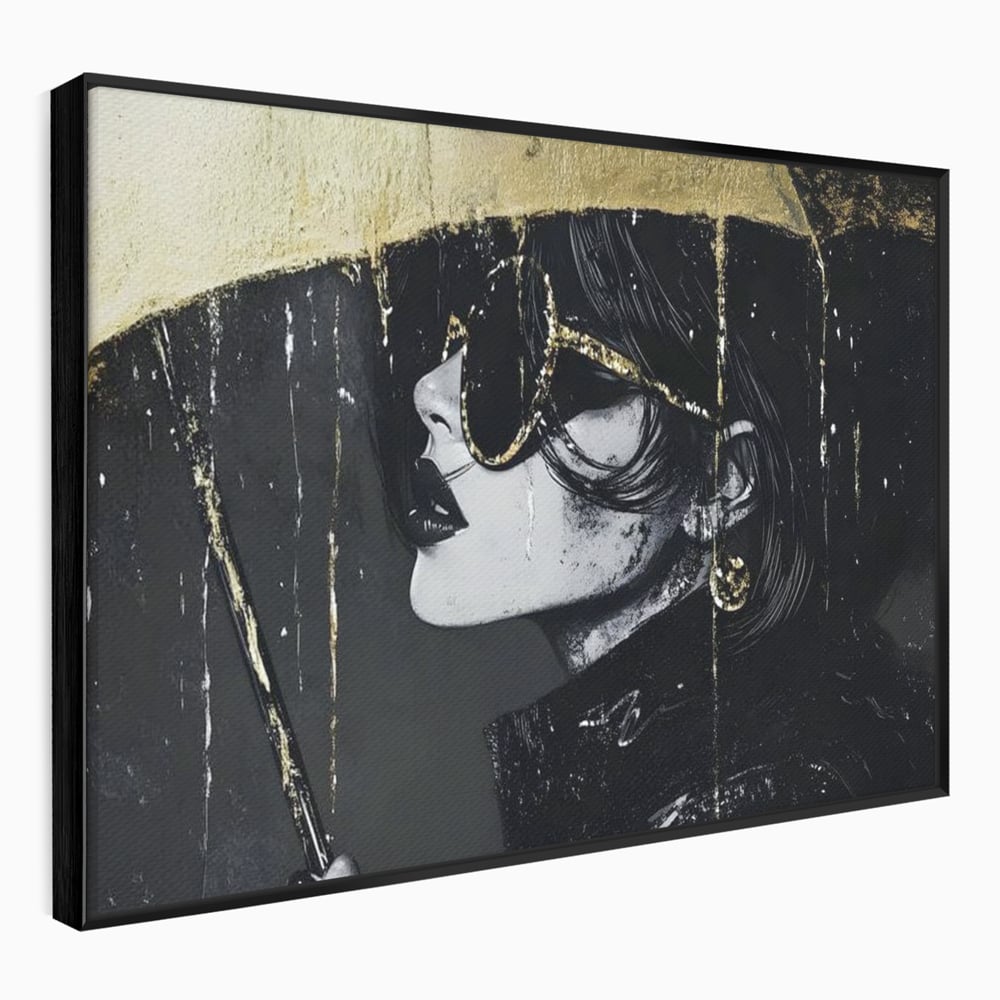 Tablou Canvas Premium, LuxCanva® G1153, Magia Ochelarilor Negrii, Nocturn, Portret, Umbrela, Aurie, Fashion, Diva, Eleganta, Lux, Enigmatica, Detectiv, Secret, Birou, Living, Dormitor