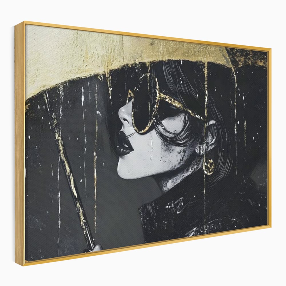 Tablou Canvas Premium, LuxCanva® G1153, Magia Ochelarilor Negrii, Nocturn, Portret, Umbrela, Aurie, Fashion, Diva, Eleganta, Lux, Enigmatica, Detectiv, Secret, Birou, Living, Dormitor