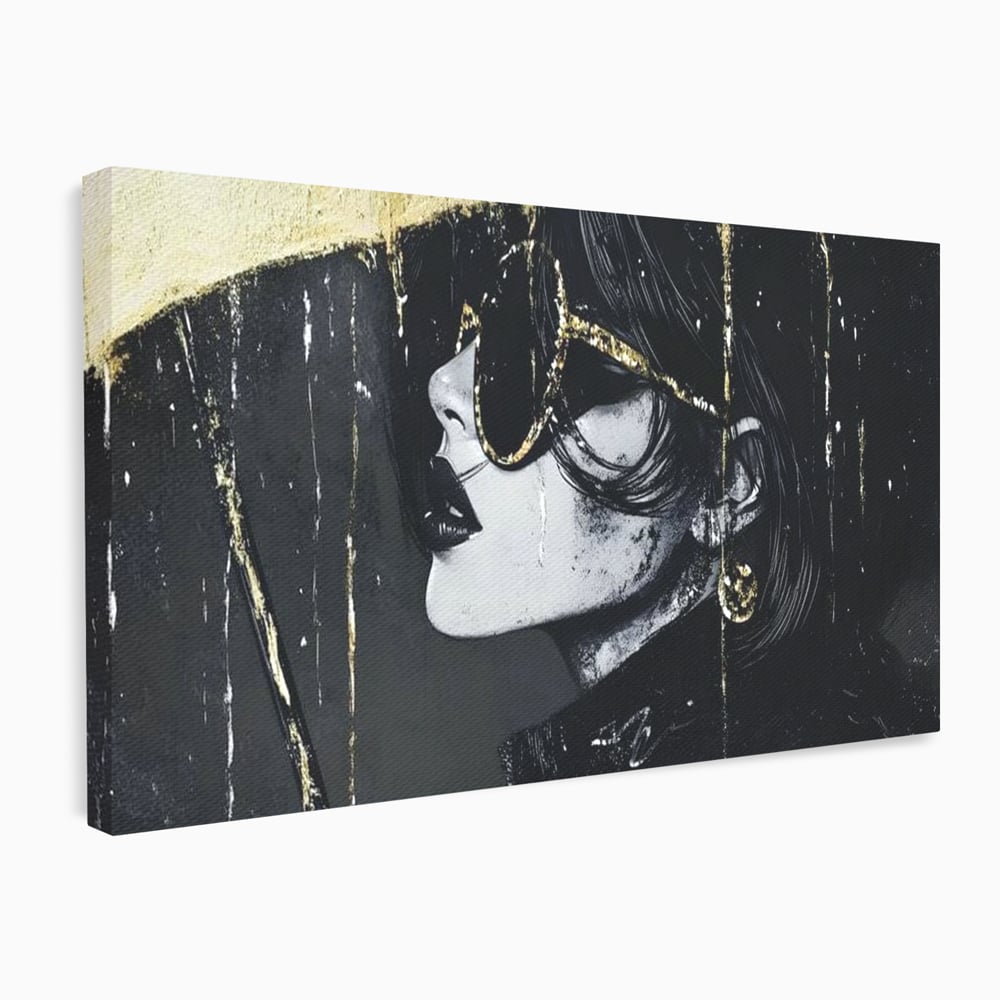 Tablou Canvas Premium, LuxCanva® G1153, Magia Ochelarilor Negrii, Nocturn, Portret, Umbrela, Aurie, Fashion, Diva, Eleganta, Lux, Enigmatica, Detectiv, Secret, Birou, Living, Dormitor