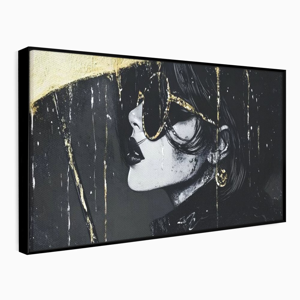Tablou Canvas Premium, LuxCanva® G1153, Magia Ochelarilor Negrii, Nocturn, Portret, Umbrela, Aurie, Fashion, Diva, Eleganta, Lux, Enigmatica, Detectiv, Secret, Birou, Living, Dormitor
