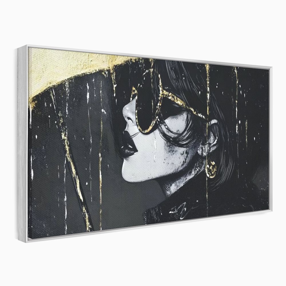 Tablou Canvas Premium, LuxCanva® G1153, Magia Ochelarilor Negrii, Nocturn, Portret, Umbrela, Aurie, Fashion, Diva, Eleganta, Lux, Enigmatica, Detectiv, Secret, Birou, Living, Dormitor