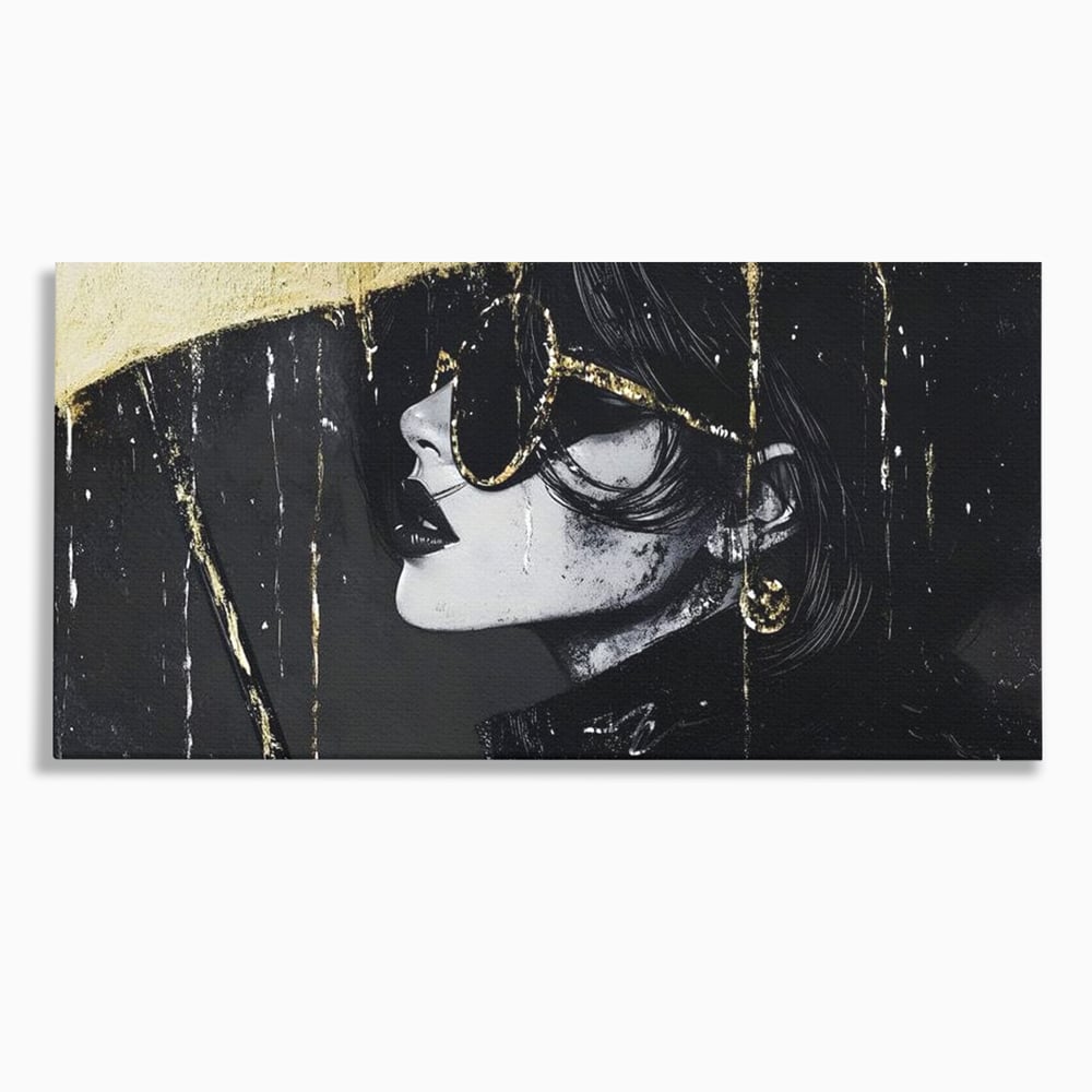 Tablou Canvas Premium, LuxCanva® G1153, Magia Ochelarilor Negrii, Nocturn, Portret, Umbrela, Aurie, Fashion, Diva, Eleganta, Lux, Enigmatica, Detectiv, Secret, Birou, Living, Dormitor