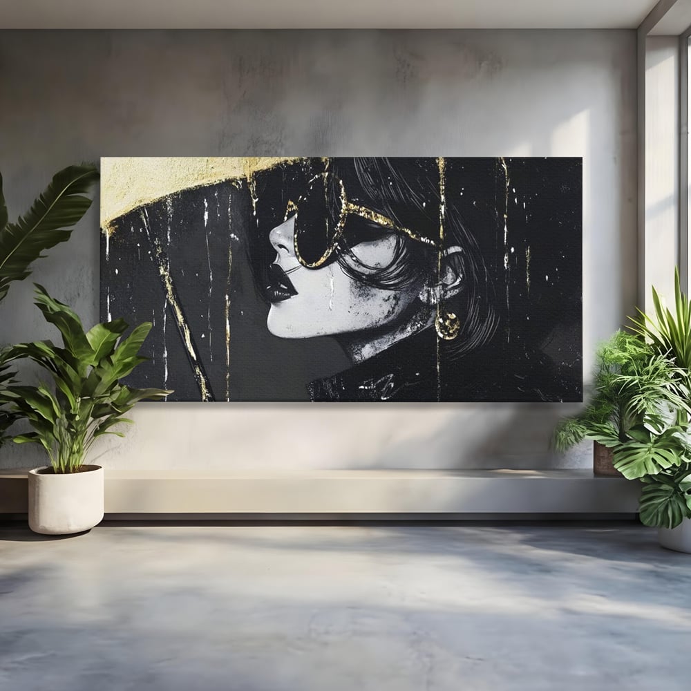 Tablou Canvas Premium, LuxCanva® G1153, Magia Ochelarilor Negrii, Nocturn, Portret, Umbrela, Aurie, Fashion, Diva, Eleganta, Lux, Enigmatica, Detectiv, Secret, Birou, Living, Dormitor