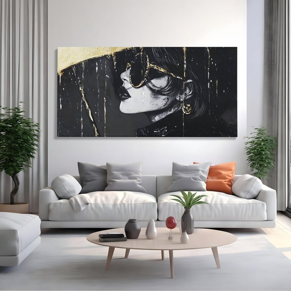 Tablou Canvas Premium, LuxCanva® G1153, Magia Ochelarilor Negrii, Nocturn, Portret, Umbrela, Aurie, Fashion, Diva, Eleganta, Lux, Enigmatica, Detectiv, Secret, Birou, Living, Dormitor