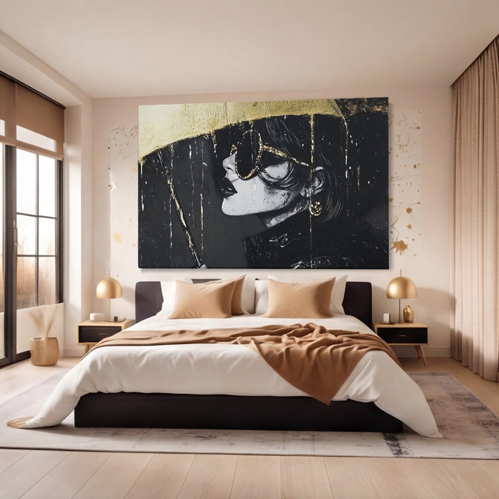 Tablou Canvas Premium, LuxCanva® G1153, Magia Ochelarilor Negrii, Nocturn, Portret, Umbrela, Aurie, Fashion, Diva, Eleganta, Lux, Enigmatica, Detectiv, Secret, Birou, Living, Dormitor