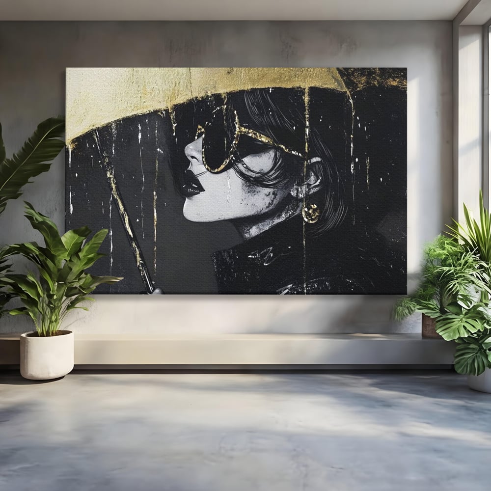 Tablou Canvas Premium, LuxCanva® G1153, Magia Ochelarilor Negrii, Nocturn, Portret, Umbrela, Aurie, Fashion, Diva, Eleganta, Lux, Enigmatica, Detectiv, Secret, Birou, Living, Dormitor
