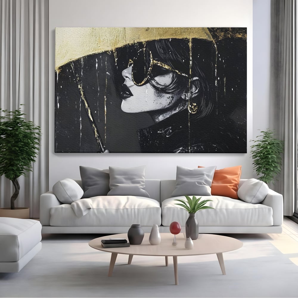 Tablou Canvas Premium, LuxCanva® G1153, Magia Ochelarilor Negrii, Nocturn, Portret, Umbrela, Aurie, Fashion, Diva, Eleganta, Lux, Enigmatica, Detectiv, Secret, Birou, Living, Dormitor