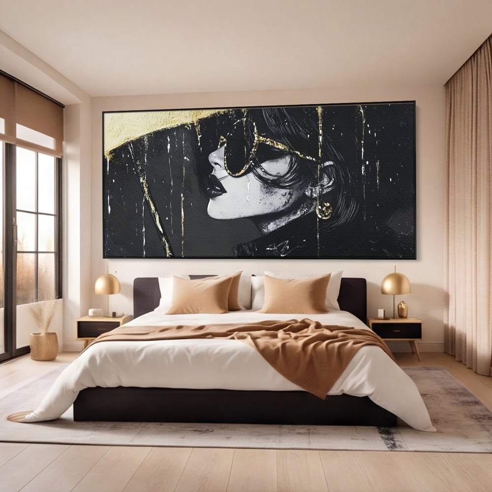 Tablou Canvas Premium, LuxCanva® G1153, Magia Ochelarilor Negrii, Nocturn, Portret, Umbrela, Aurie, Fashion, Diva, Eleganta, Lux, Enigmatica, Detectiv, Secret, Birou, Living, Dormitor