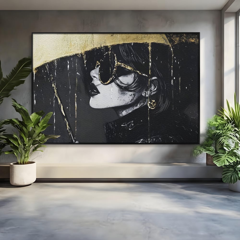 Tablou Canvas Premium, LuxCanva® G1153, Magia Ochelarilor Negrii, Nocturn, Portret, Umbrela, Aurie, Fashion, Diva, Eleganta, Lux, Enigmatica, Detectiv, Secret, Birou, Living, Dormitor