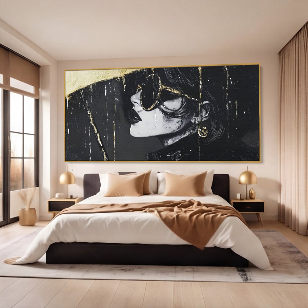 Tablou Canvas Premium, LuxCanva® G1153, Magia Ochelarilor Negrii, Nocturn, Portret, Umbrela, Aurie, Fashion, Diva, Eleganta, Lux, Enigmatica, Detectiv, Secret, Birou, Living, Dormitor