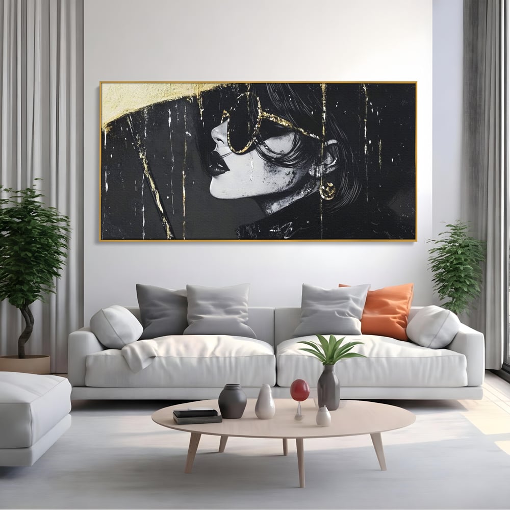 Tablou Canvas Premium, LuxCanva® G1153, Magia Ochelarilor Negrii, Nocturn, Portret, Umbrela, Aurie, Fashion, Diva, Eleganta, Lux, Enigmatica, Detectiv, Secret, Birou, Living, Dormitor