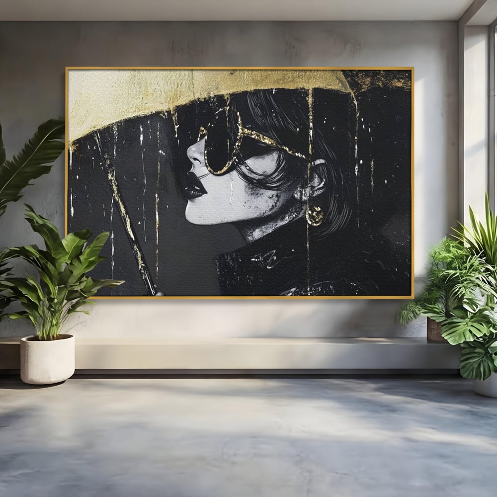 Tablou Canvas Premium, LuxCanva® G1153, Magia Ochelarilor Negrii, Nocturn, Portret, Umbrela, Aurie, Fashion, Diva, Eleganta, Lux, Enigmatica, Detectiv, Secret, Birou, Living, Dormitor