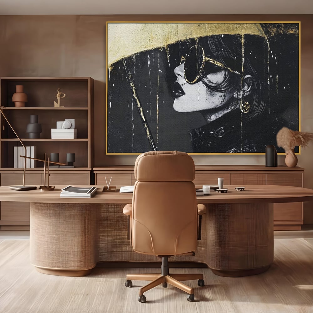 Tablou Canvas Premium, LuxCanva® G1153, Magia Ochelarilor Negrii, Nocturn, Portret, Umbrela, Aurie, Fashion, Diva, Eleganta, Lux, Enigmatica, Detectiv, Secret, Birou, Living, Dormitor